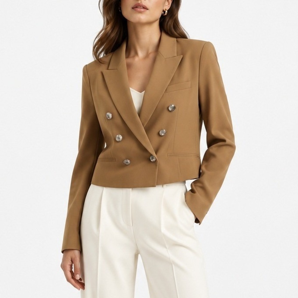 White House Black Market Parisian Camel Tan Double Breasted Cropped Blazer 10